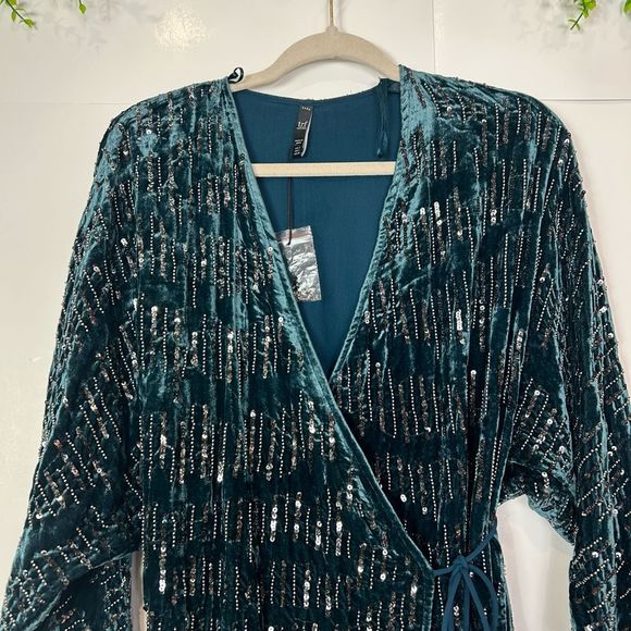 ZARA Trf Collection Velvet Beaded Wrap Mini Dress Turquoise Blue Party Formal S - Picture 5 of 13